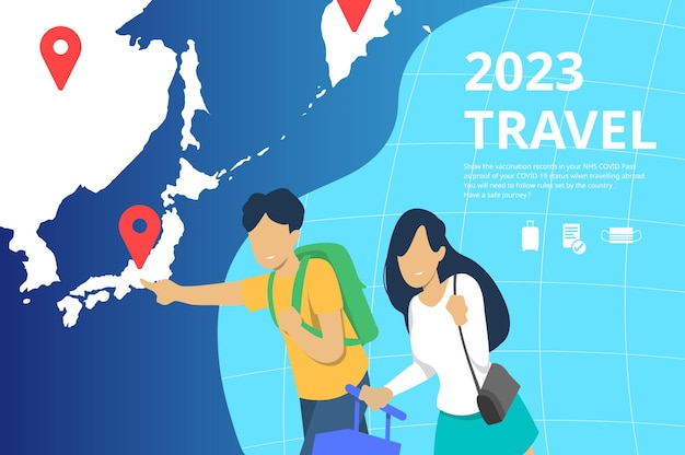 Viajar en asia japón turistas ilustración de fondo azul