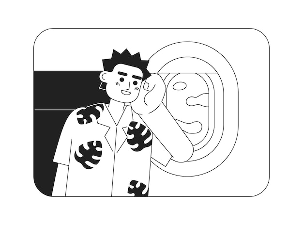 Viajar en avión en vacaciones de verano 2D vector monocromo aislado punto ilustración