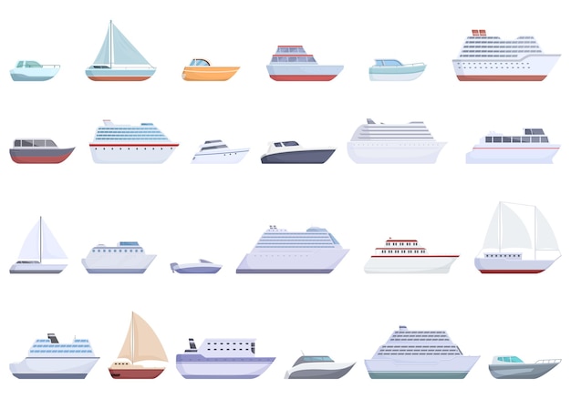 Viajar en barco iconos conjunto vector de dibujos animados barco de mar