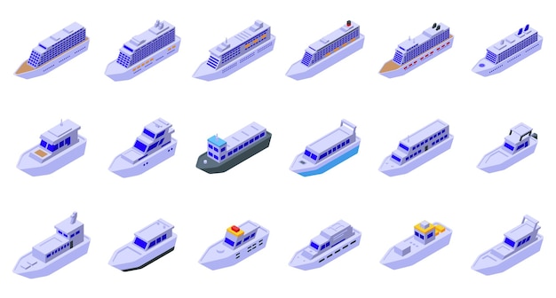 Viajar en barco iconos conjunto vector isométrico Mar barco