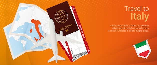 Vector viajar a italia banner popunder banner de viaje con pasaporte, pasaporte, mapa de embarque de avión y bandera de italia