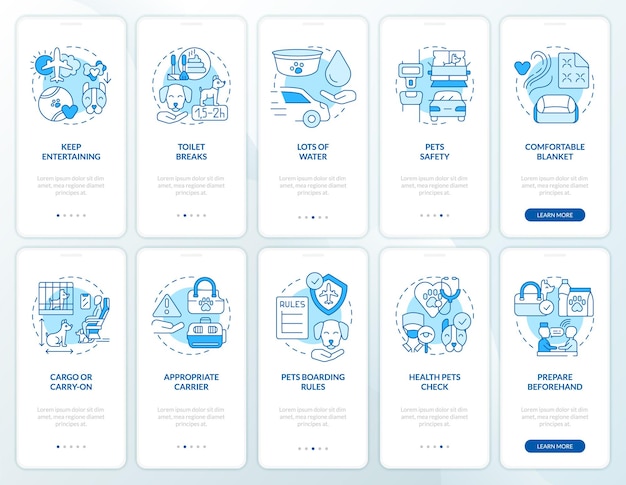 Viajar con mascotas conjunto de pantalla de aplicación móvil de incorporación azul