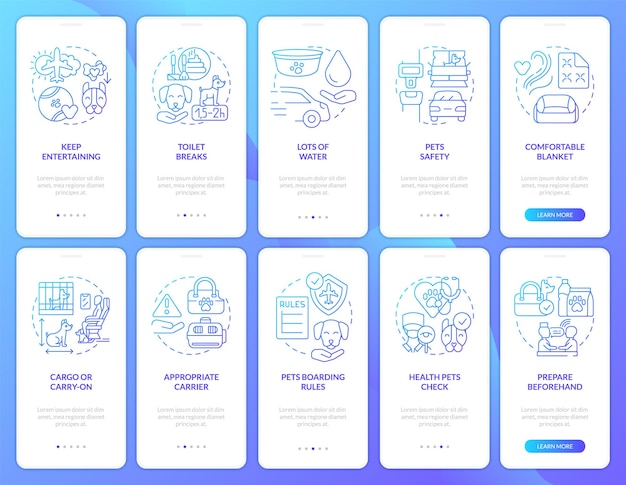 Viajar con mascotas incorporando el conjunto de pantalla de la aplicación móvil con degradado azul