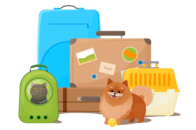 Viajar con mascotas, maletas, mochila y portador de perros, un perro feliz junto a una jaula para transportar un gato en una ilustración de vector de mochila portador aislado sobre fondo blanco ilustración vectorial