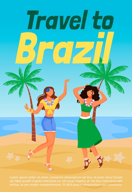 Vector viajar a la plantilla plana del cartel de brasil. mujeres latinas de pie en ropa de verano. playa de mar. folleto, folleto de diseño de concepto de una página con personajes de dibujos animados. folleto de fiesta tradicional, folleto