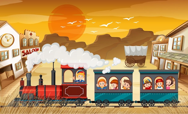 Viajar en tren con niños al atardecer