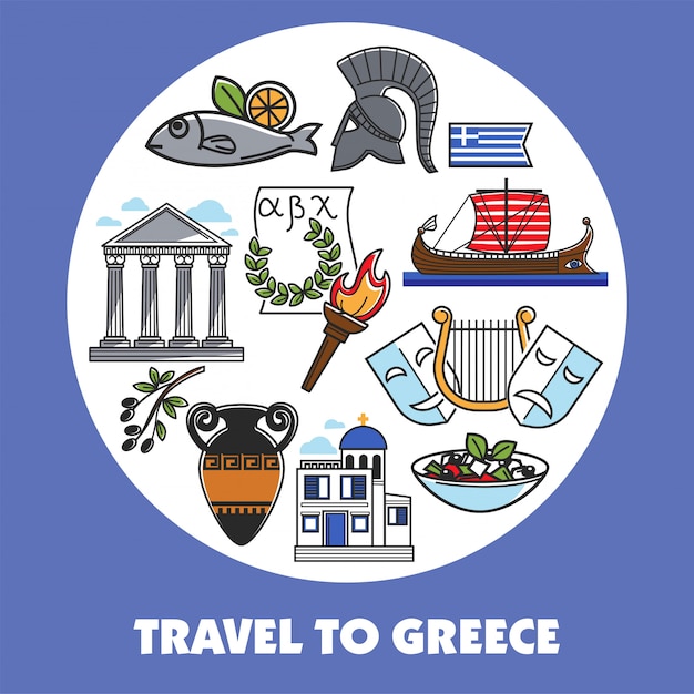 Viaje al cartel promocional de Grecia con símbolos nacionales