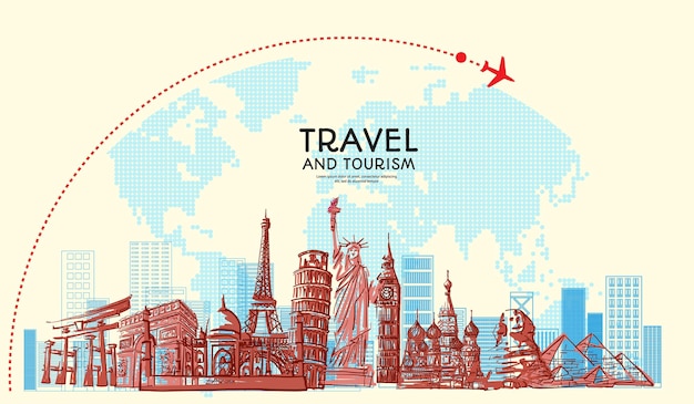 Viaje al mundo con monumentos famosos con estilo de boceto dibujado a mano con cartel de vuelo de avión y mapa mundial para carteles de viaje y diseño de postales Ilustración vectorial