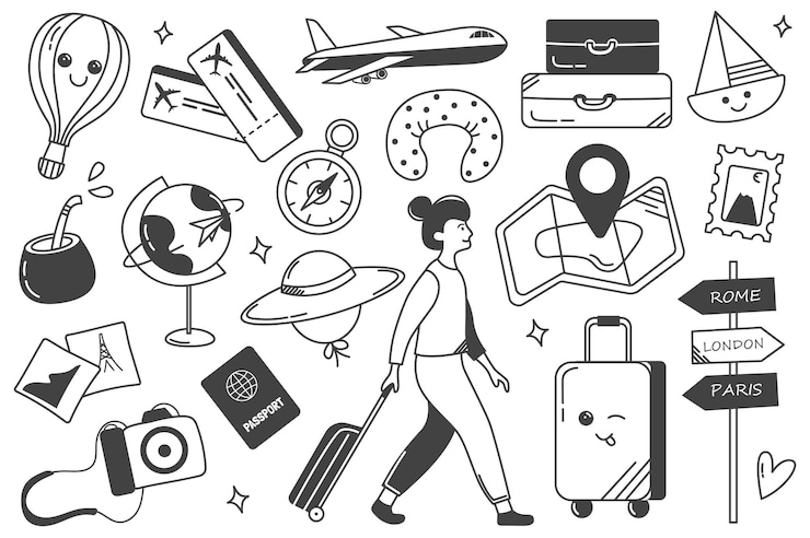 Vector viaje ambientado en estilo de línea un recorrido visual con miles de cautivadores conjuntos de ilustraciones de diseño plano
