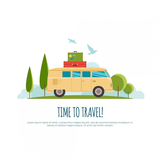 Viaje en automóvil, viaje mundial, viaje, viaje de verano, ilustración turística
