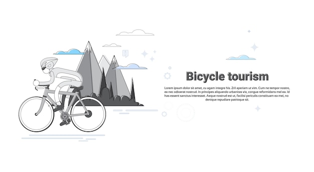 Viaje en bicicleta Turismo de montaña Banner Ilustración de Vector de línea delgada