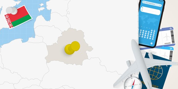 Viaje a Bielorrusia mapa conceptual con alfiler en el mapa de Bielorrussia