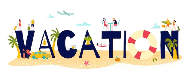 Viaje caliente para vacaciones de vacaciones en el mar en verano, letras grandes y personas pequeñas en trajes de baño ilustración.