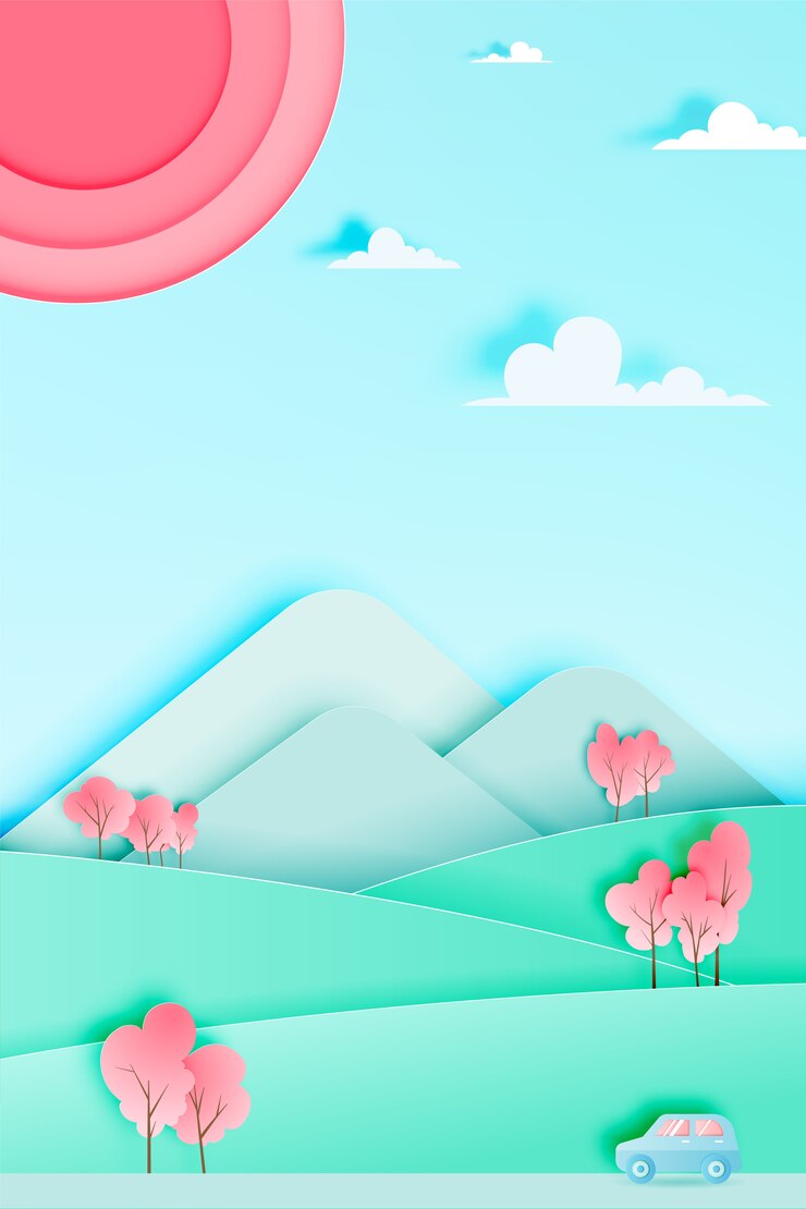 Vector el viaje por carretera con el coche en la temporada de primavera y el papel de fondo de esquema de color pastel natural cortan estilo ilustración vectorial