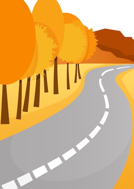 Vector viaje por carretera de otoño entre campos de naranjos y árboles amarillos y naranjos en perspectiva montañas marrones