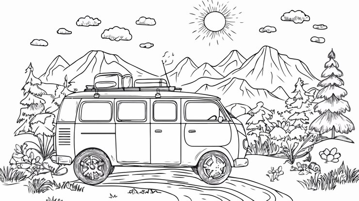 Vector viaje por carretera página para colorear para niños en verano