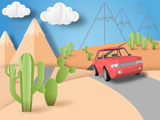 Vector viaje por carretera en el paisaje del desierto y plantas de cactus