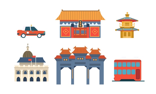 Viaje a China Símbolos arquitectónicos y culturales tradicionales chinos Ilustración vectorial en fondo blanco
