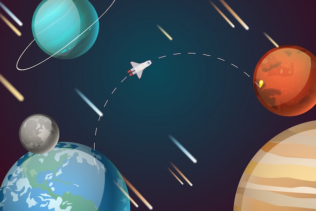 Vector viaje en cohete en la ilustración del sistema del planeta. ruta de transporte espacial a marte, marca del objeto, exploración espacial.