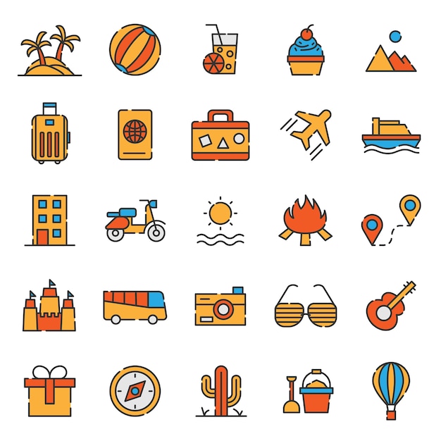 Vector viaje conjunto de iconos de vacaciones de turismo