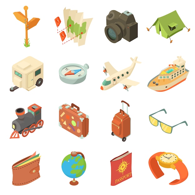 Viaje conjunto de iconos de viaje. Ilustración isométrica de 16 iconos de vector de viaje de viaje para web