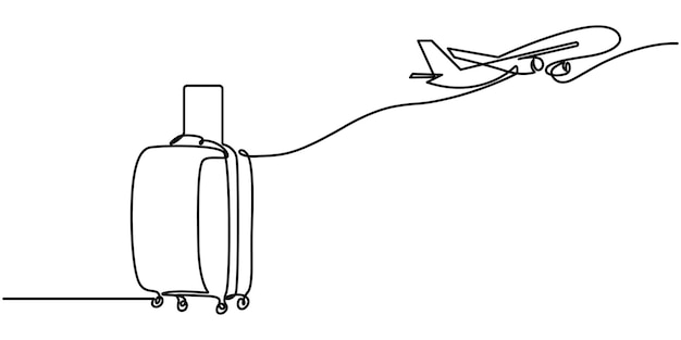 Viaje dibujo de líneas continuas con formas de colores maleta y avión en un dibujo de línea continua