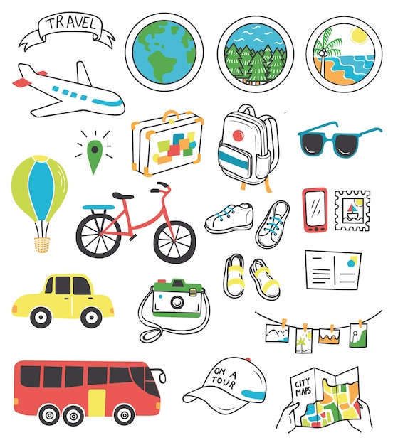 Viaje doodle conjunto ilustración vectorial