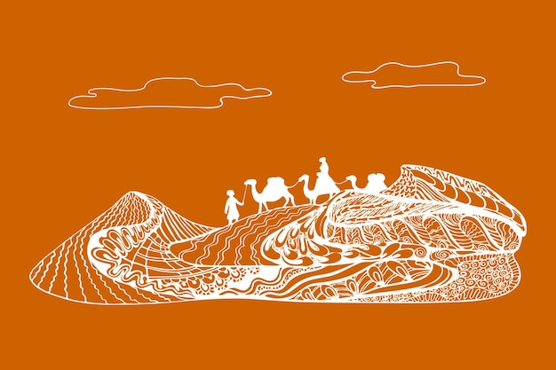 Viaje a las dunas de arena en camellos Diseño de enredos Arte conceptual de viajes al desierto