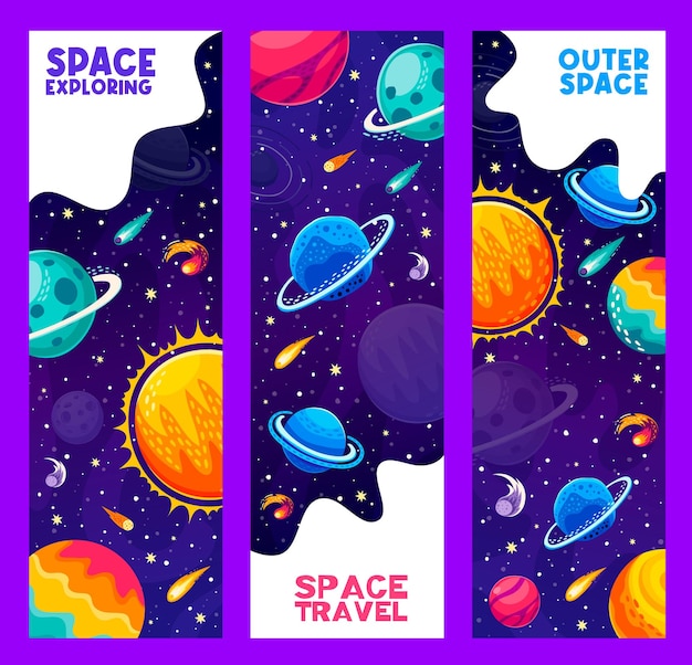 Viaje espacial y explorar pancartas con planetas galaxias estrelladas y estrellas fondo vectorial Espacio exterior de dibujos animados con mundos galácticos extraterrestres y planetas asteroides y cometas sol y saturno