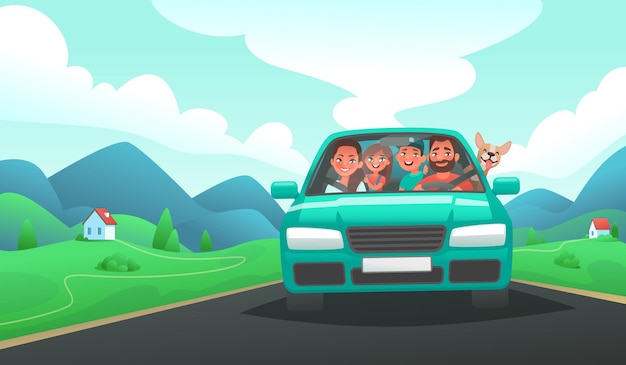 Viaje familiar en coche Papá, mamá, hijo e hija viajan en un vehículo como telón de fondo de un paisaje de montaña