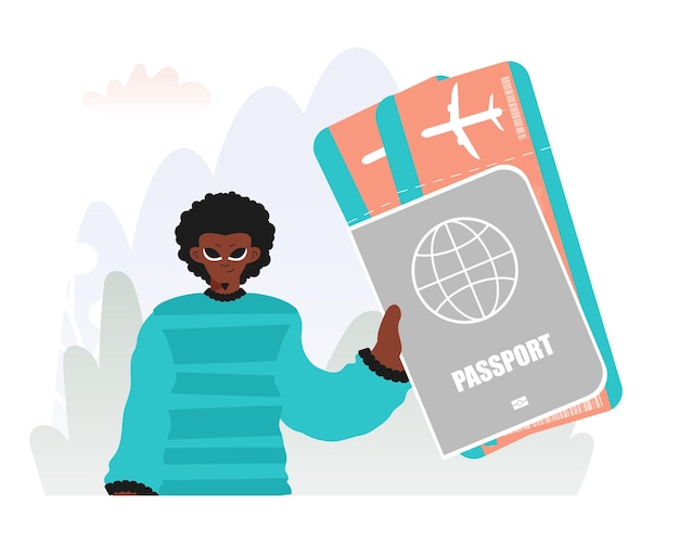 Viaje del hombre emprendedor con pasaporte y boletos de examen