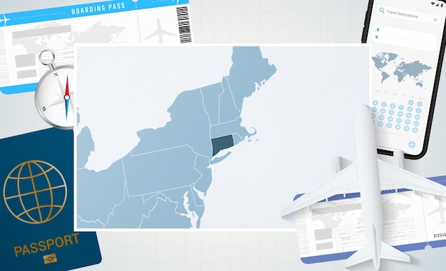 Viaje a la ilustración de Connecticut con un mapa de Connecticut Antecedentes con brújula de pasaporte de teléfono celular de avión y boletos