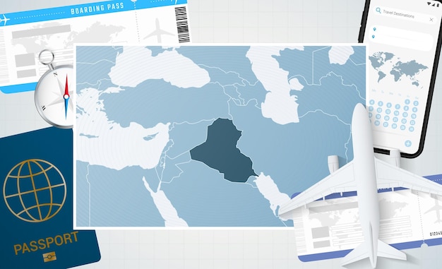 Viaje a la ilustración de Irak con un mapa de Irak Fondo con brújula de pasaporte de teléfono celular de avión y boletos