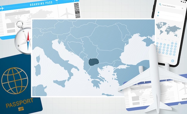 Viaje a la ilustración de macedonia con un mapa de macedonia fondo con brújula de pasaporte de teléfono celular de avión y boletos