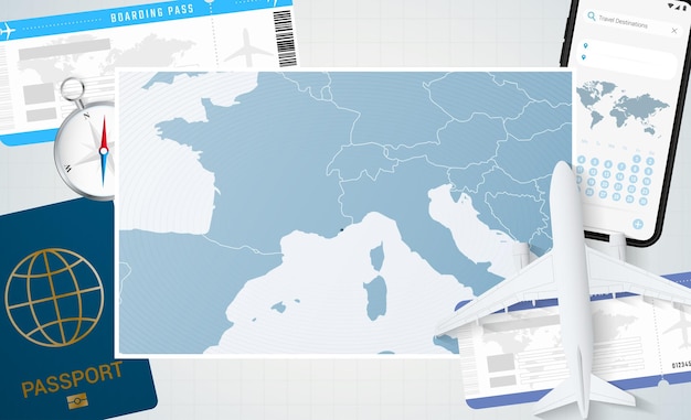 Viaje a la ilustración de mónaco con un mapa de mónaco fondo con brújula de pasaporte de teléfono celular de avión y boletos