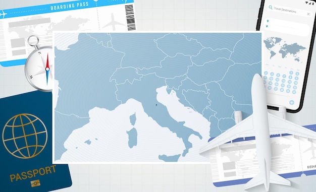 Viaje a la ilustración de san marino con un mapa de san marino fondo con brújula de pasaporte de teléfono celular de avión y boletos