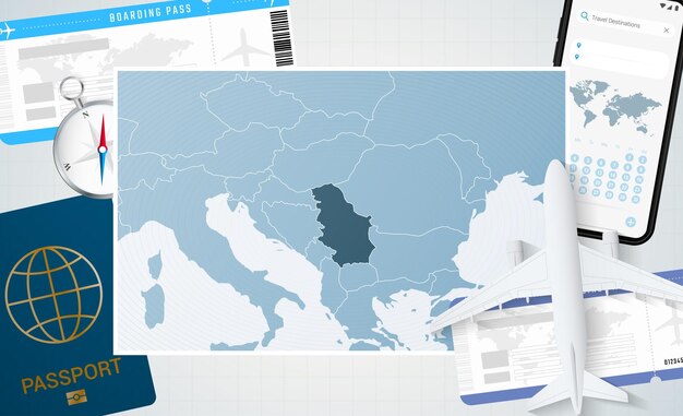 Viaje a la ilustración de serbia con un mapa de serbia fondo con brújula de pasaporte de teléfono celular de avión y boletos