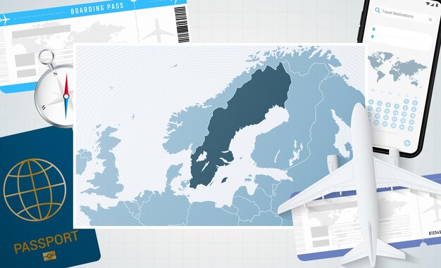 Viaje a la ilustración de Suecia con un mapa de Suecia Fondo con brújula de pasaporte de teléfono celular de avión y boletos