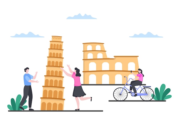 Viaje a la ilustración de vector de fondo de italia. es hora de visitar los monumentos emblemáticos de estas atracciones turísticas de fama mundial del país