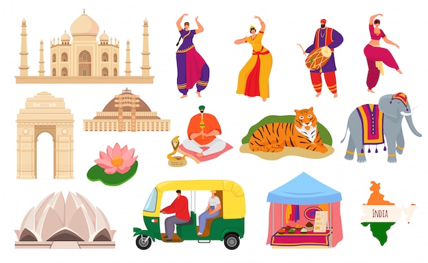 Viaje a la india, conjunto de ilustraciones del turismo histórico indio. arquitectura y cultura del edificio del taj mahal, bailarines hindúes, elefantes, mapas y especias. símbolos indios tradicionales.