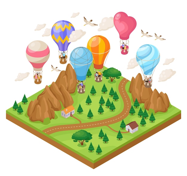 Viaje isométrico en globo aerostático con hermosa ilustración de vector de valle