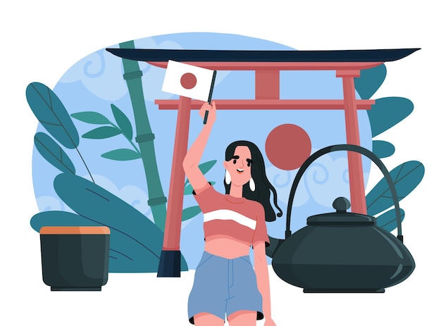 Viaje a Japón mujer con bandera japonesa en las manos se encuentra cerca de la tetera con bebida caliente y arquitectónica