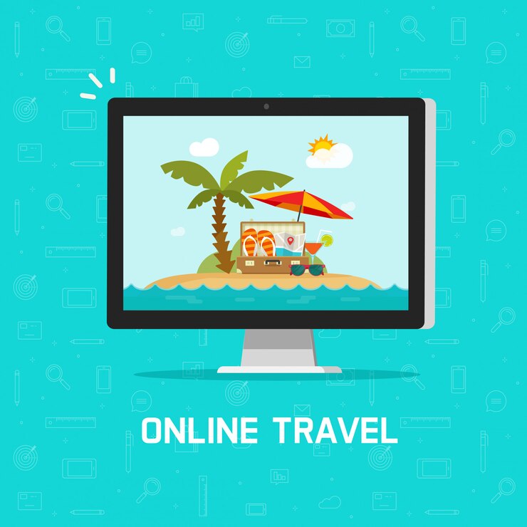 Vector viaje en línea a través de una computadora o viaje.