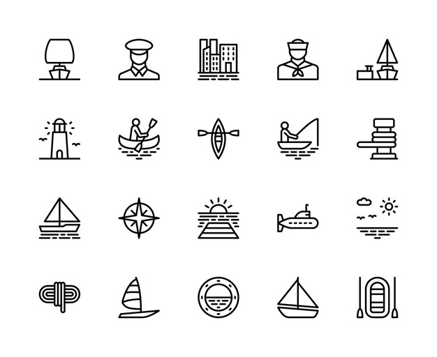 Viaje por mar conjunto de iconos lineales vectoriales Contiene tales iconos de viaje por mar como viaje de crucero en velero en barco de mar y más