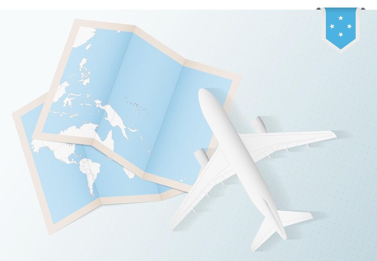 Vector viaje a micronesia, avión de vista superior con mapa y bandera de micronesia.
