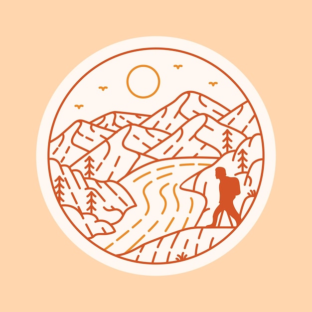 Viaje de mochilero a través de la naturaleza salvaje Monoline Design For Apparell