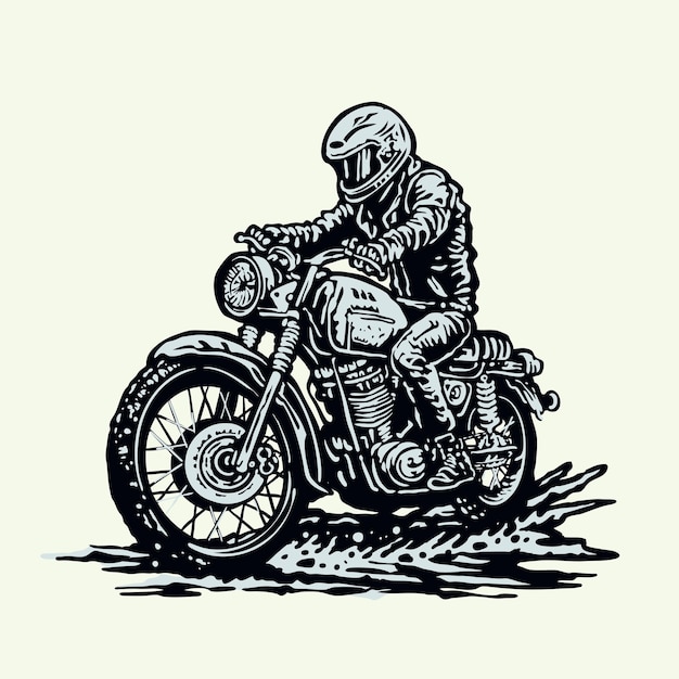 Viaje en motocicleta vintage retro personalizado en la calle con una ilustración de estilo sello antiguo
