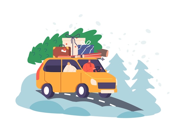 Viaje en pareja para las vacaciones de Navidad en coche con abeto y bolsas con regalos en el maletero del techo Viaje por carretera de invierno