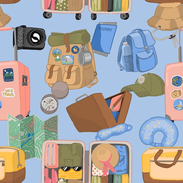 Viaje patrón sin costuras Ornamento atributos de viaje equipaje accesorios de viaje Vector en estilo de dibujos animados