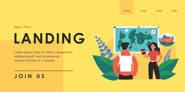 Viaje de planificación de hombre y mujer de dibujos animados. Ilustración de vector plano. Una pareja feliz parada cerca del mapa con mochila y pasaporte y soñando con un viaje familiar en auto. Viaje familiar, viajes, concepto de turismo.